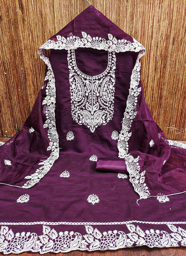 Pv Chanderi Cotton Wine Traditional Wear Thread Work Dress Material